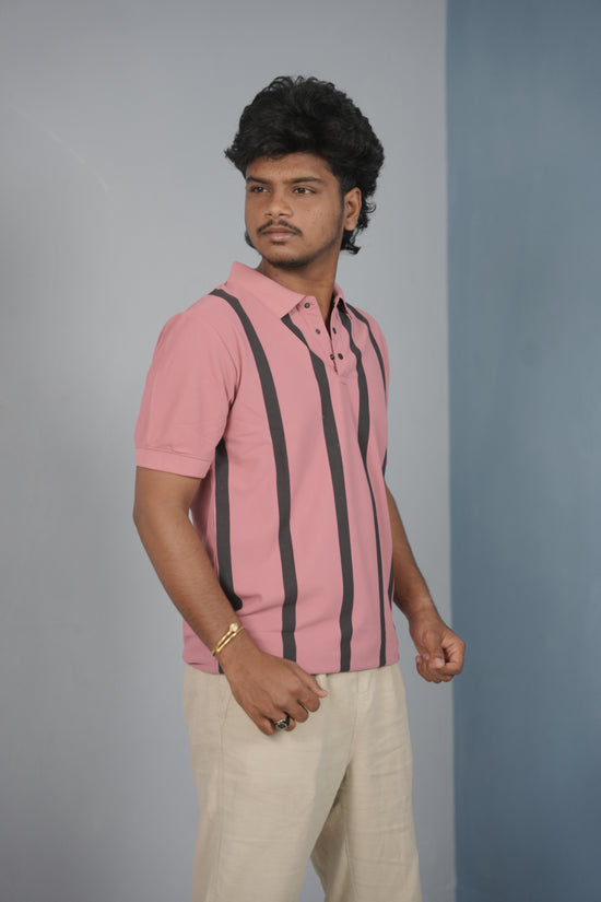 Trendy Vertical Stripe Short Sleeve Polo T Shirt for Men - Pink