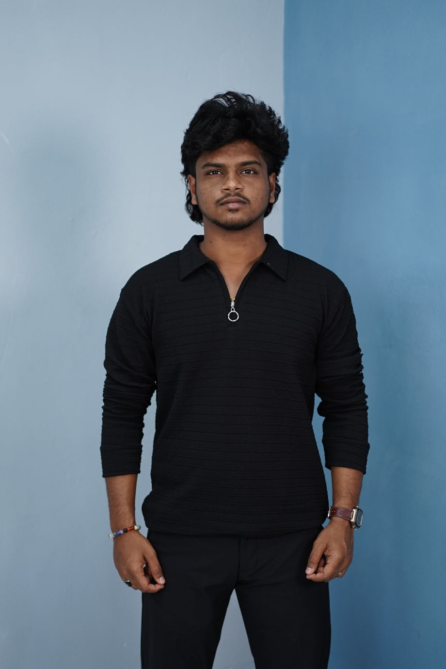 Men’s Korean Zipper Rib Full Sleeve T-Shirt – Slim Fit Casual Wear-Black