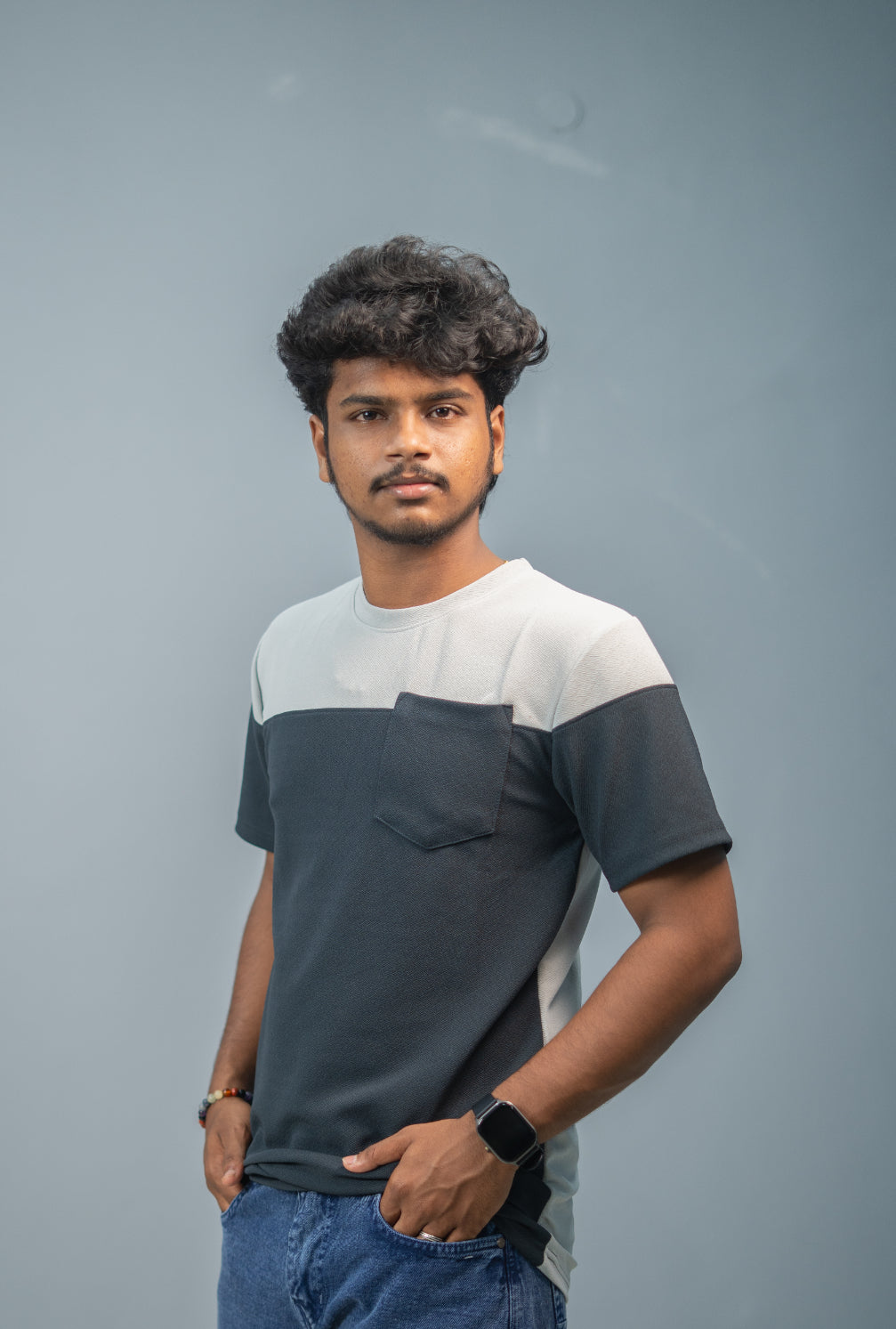 Men’s Short Sleeve Round Neck Block T-Shirt with Pocket | Ash and Grey