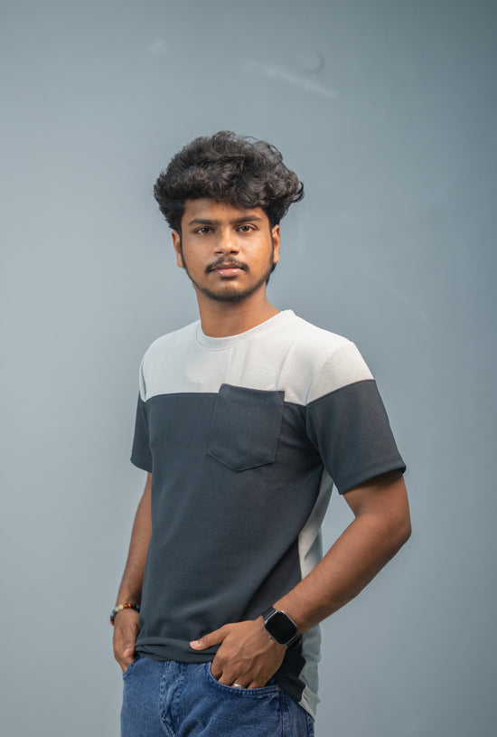 Men’s Short Sleeve Round Neck Block T-Shirt with Pocket | Ash and Grey