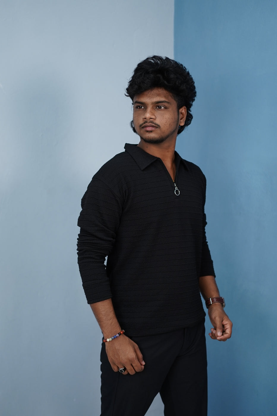 Men’s Korean Zipper Rib Full Sleeve T-Shirt – Slim Fit Casual Wear-Black