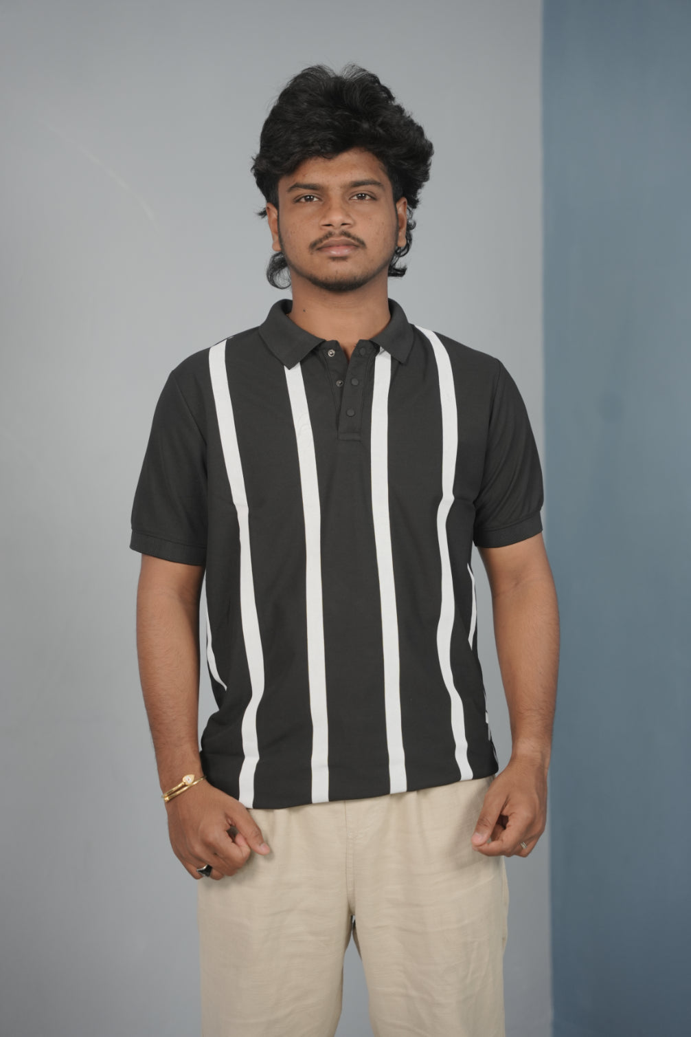 Trendy Vertical Stripe Short Sleeve Polo T Shirt for Men - Black
