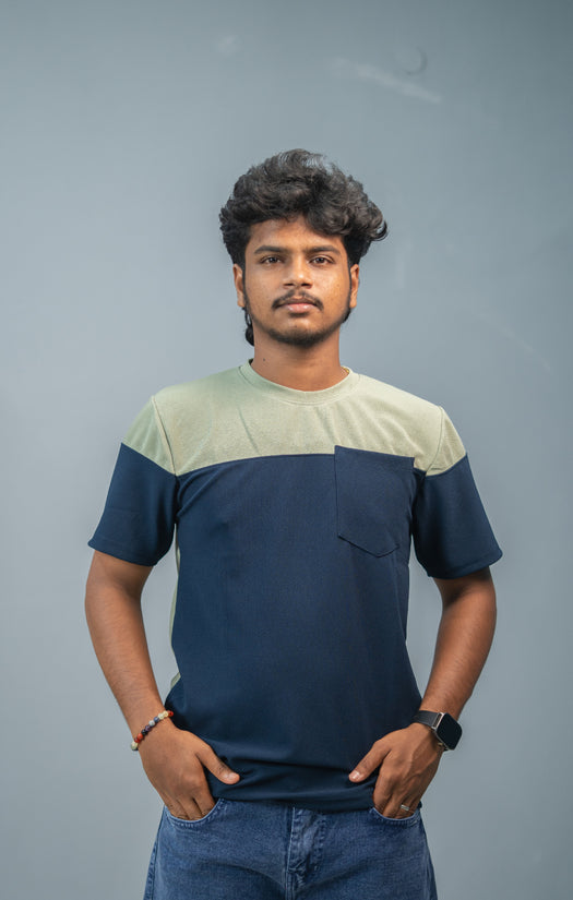 Men’s Short Sleeve Round Neck Block T-Shirt with Pocket | Green and Blue