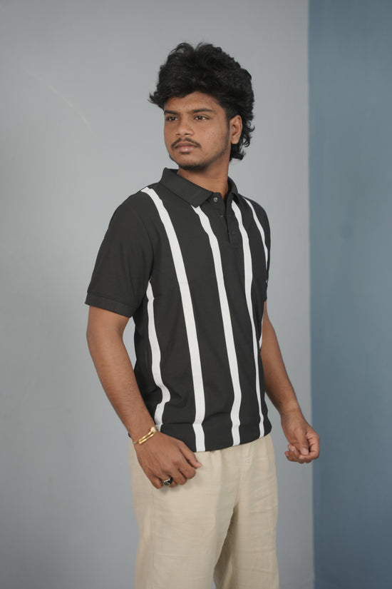 Trendy Vertical Stripe Short Sleeve Polo T Shirt for Men - Black