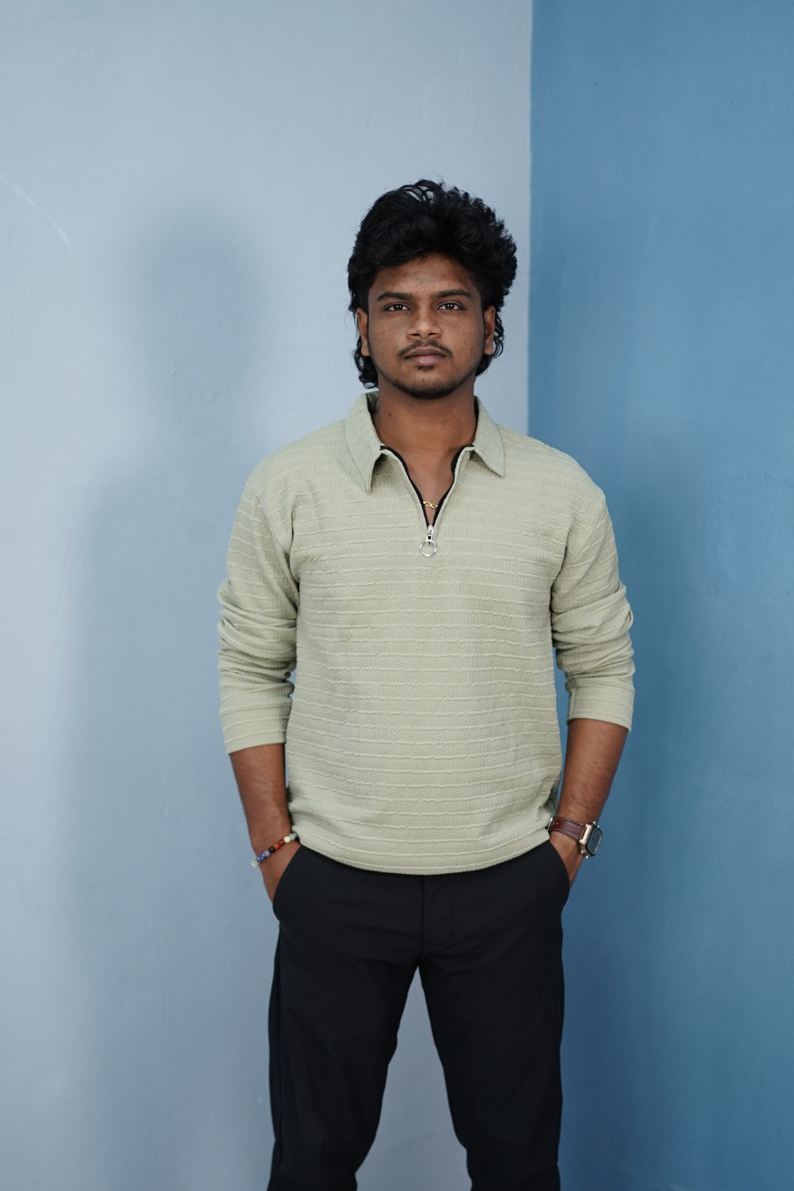 Men’s Korean Zipper Rib Full Sleeve T-Shirt – Slim Fit Casual Wear-Gray