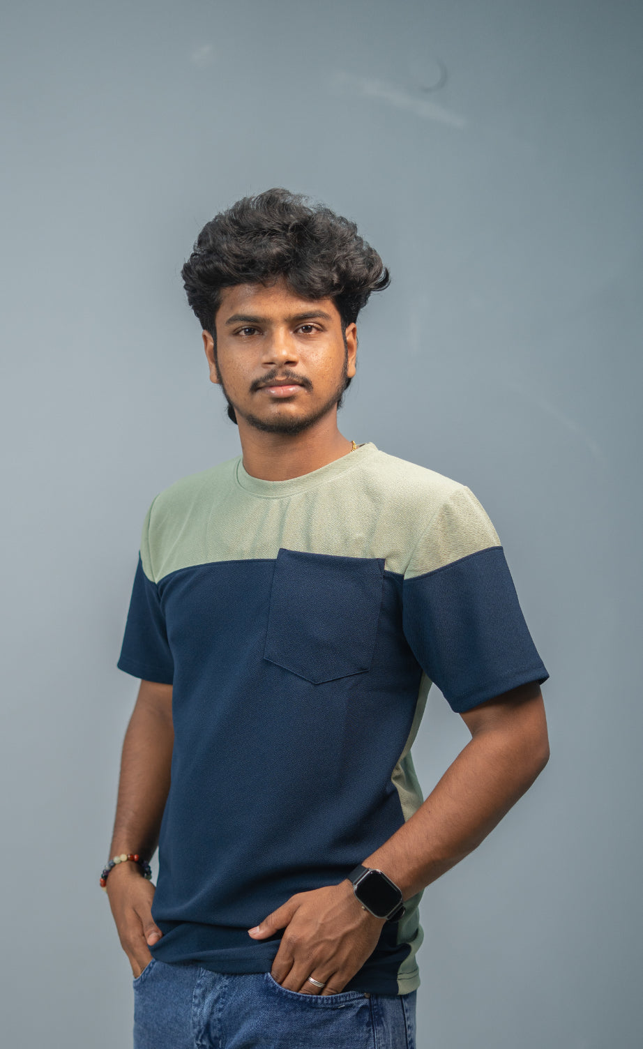 Men’s Short Sleeve Round Neck Block T-Shirt with Pocket | Green and Blue
