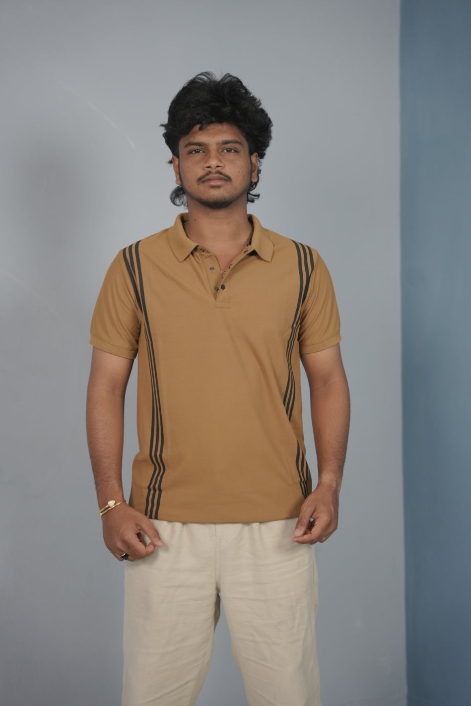 Collar Neck 3- Stripe Short Sleeve Polo T Shirt for Men -Brown