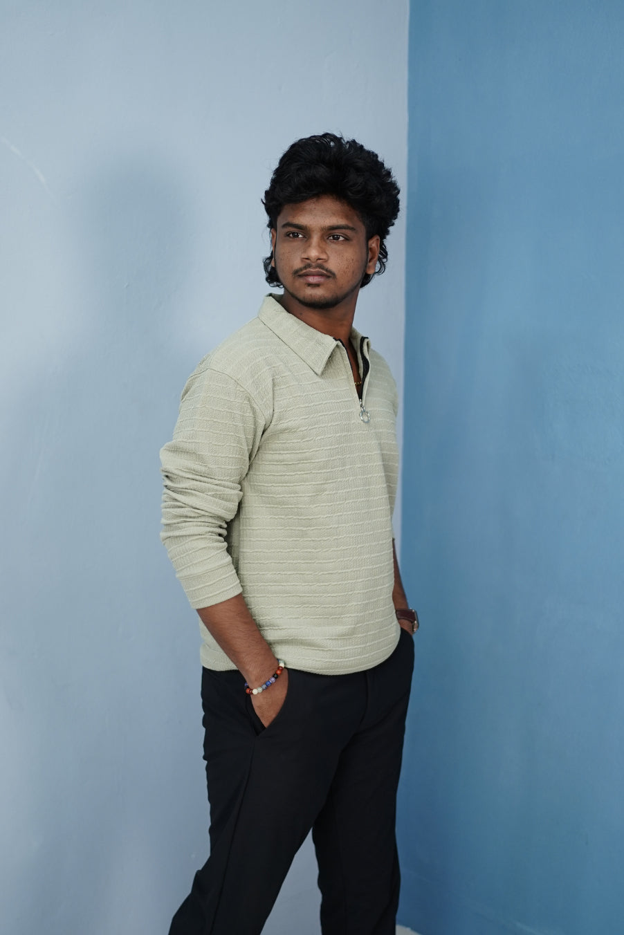 Men’s Korean Zipper Rib Full Sleeve T-Shirt – Slim Fit Casual Wear-Gray