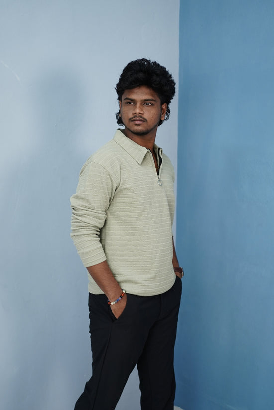 Men’s Korean Zipper Rib Full Sleeve T-Shirt – Slim Fit Casual Wear-Gray