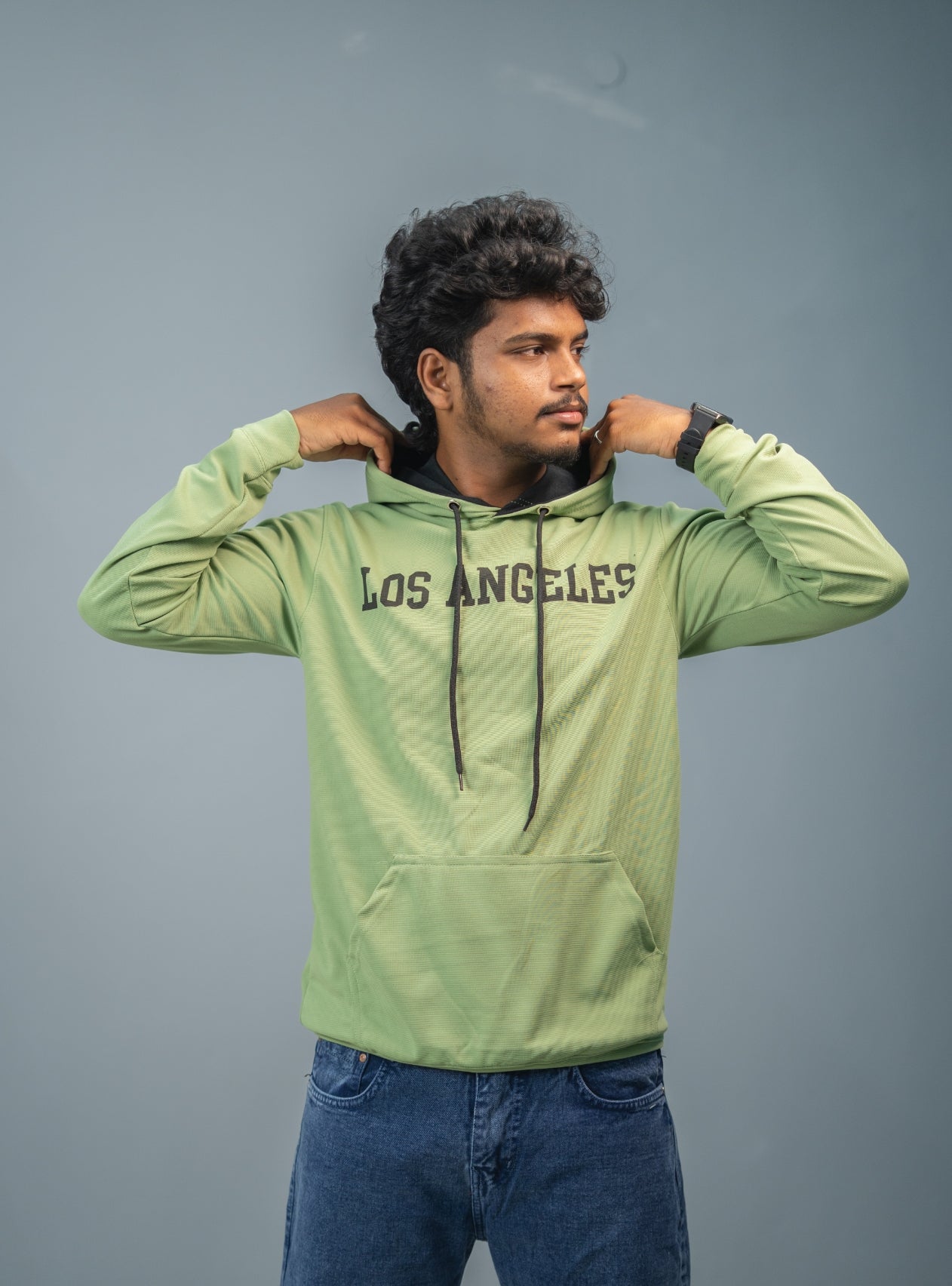 Full Sleeve Oversized LOS ANGLES Printed Hoodies & Sweatshirts - Green
