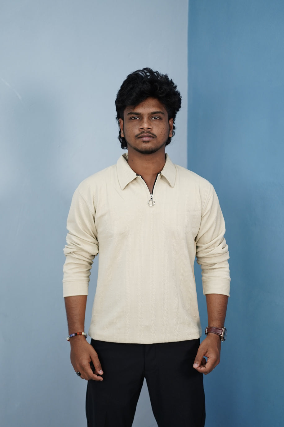 Korean Style Zipper Full Sleeve Men’s T-Shirt – Trendy Streetwear-Sandal