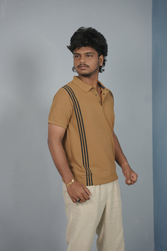 Collar Neck 3- Stripe Short Sleeve Polo T Shirt for Men -Brown