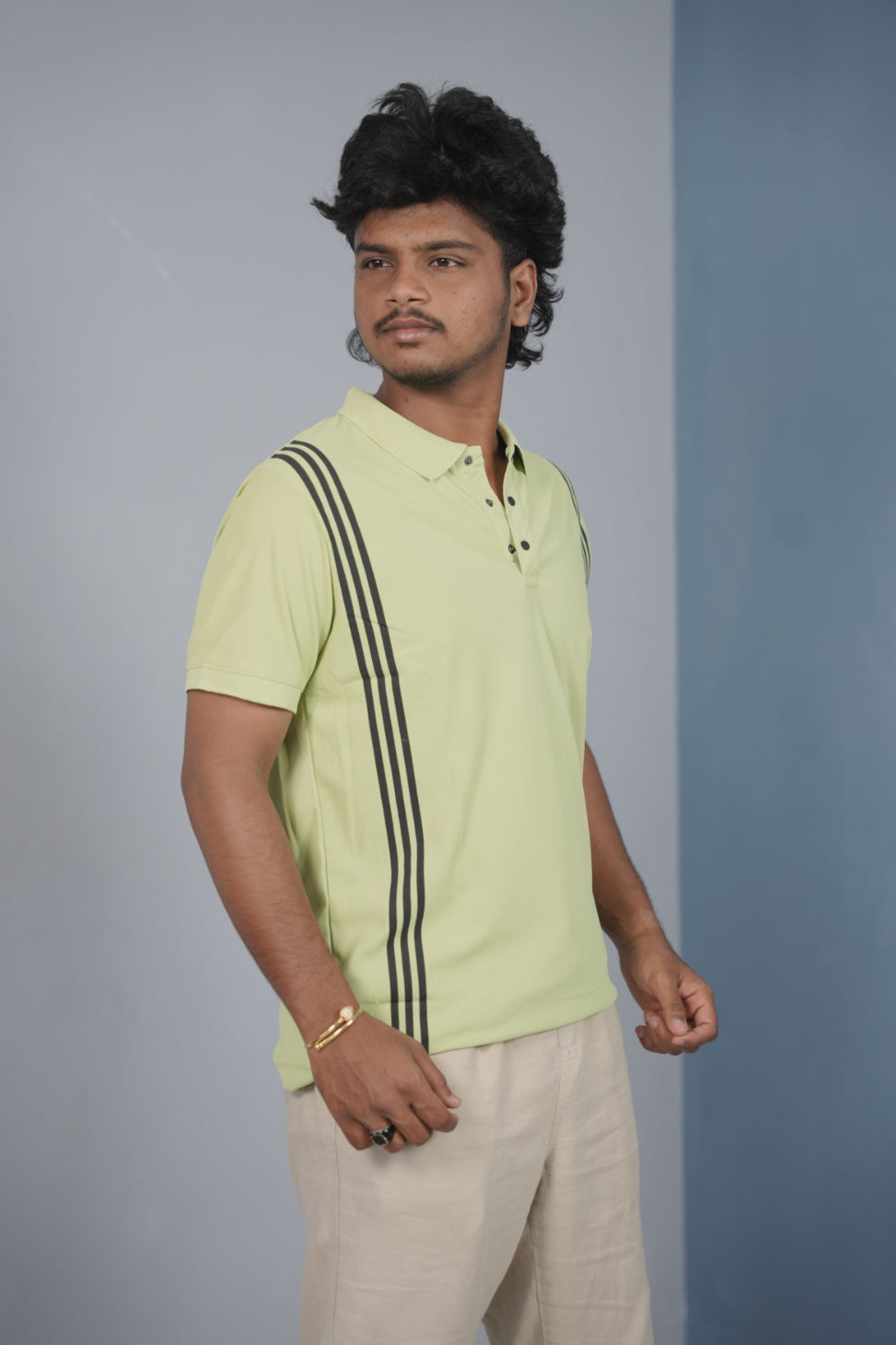 Collar Neck 3- Stripe Short Sleeve Polo T Shirt for Men -Light Green