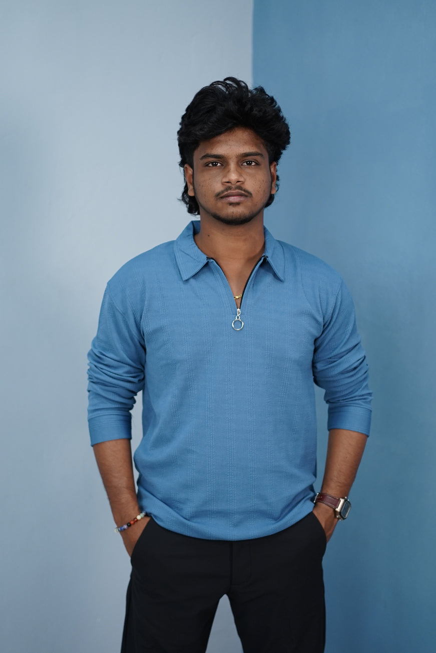 Korean Style Zipper Full Sleeve Men’s T-Shirt – Trendy Streetwear-Blue