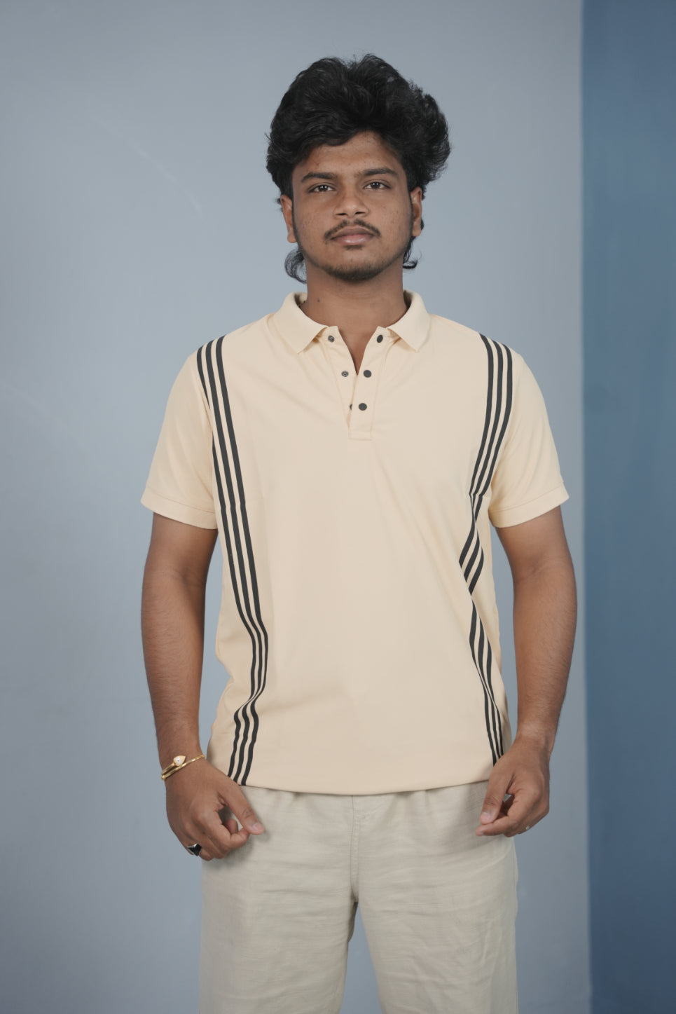 Collar Neck 3- Stripe Short Sleeve Polo T Shirt for Men - Sandal