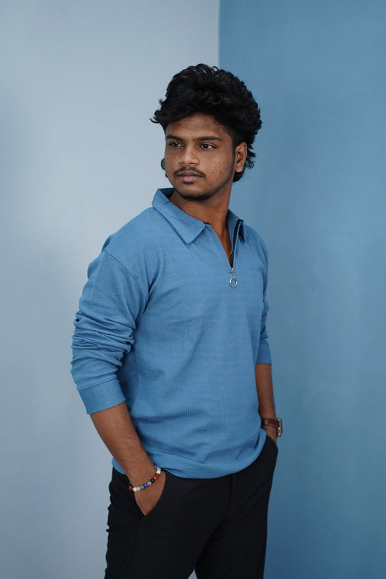 Korean Style Zipper Full Sleeve Men’s T-Shirt – Trendy Streetwear-Blue