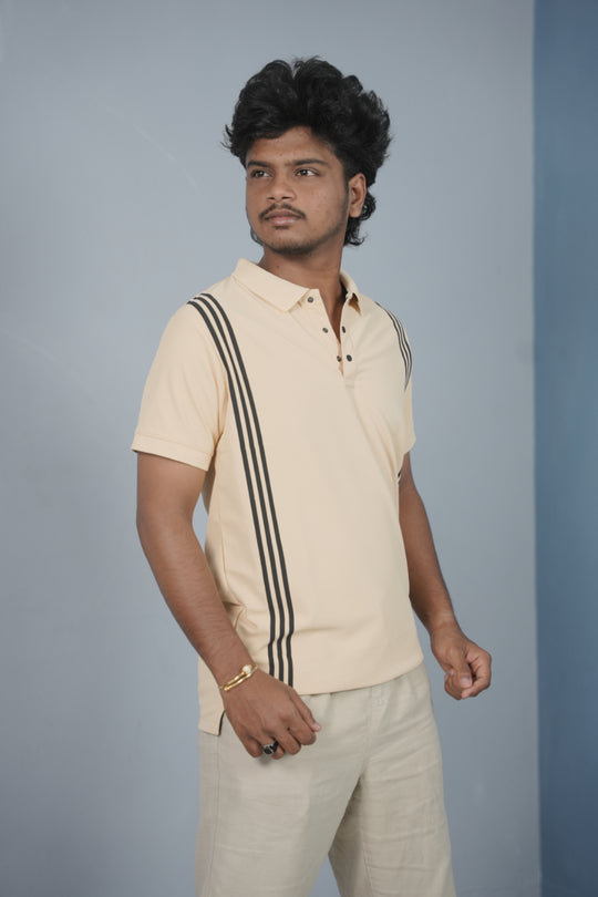 Collar Neck 3- Stripe Short Sleeve Polo T Shirt for Men - Sandal – alternate view – 7MAN India