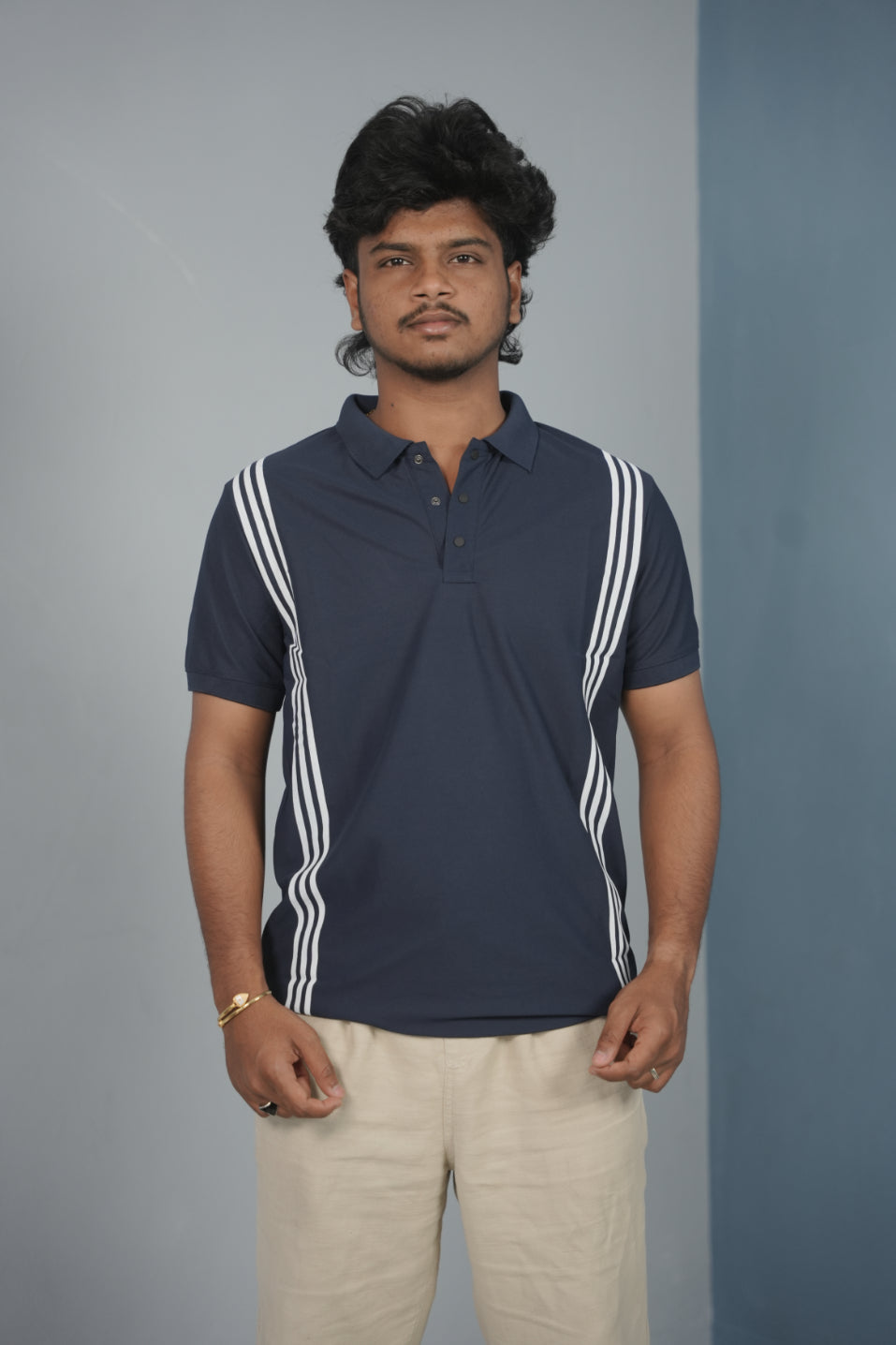 Collar Neck 3- Stripe Short Sleeve Polo T Shirt for Men - Navy Blue