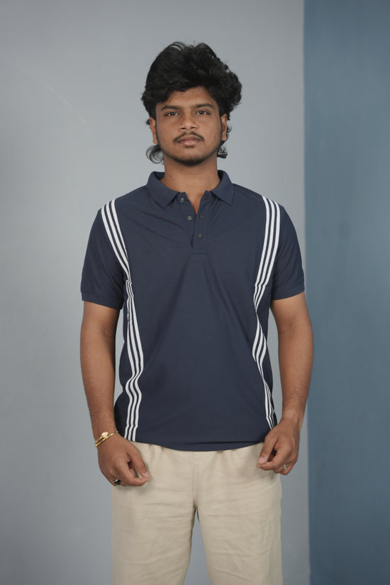 Collar Neck 3- Stripe Short Sleeve Polo T Shirt for Men - Navy Blue