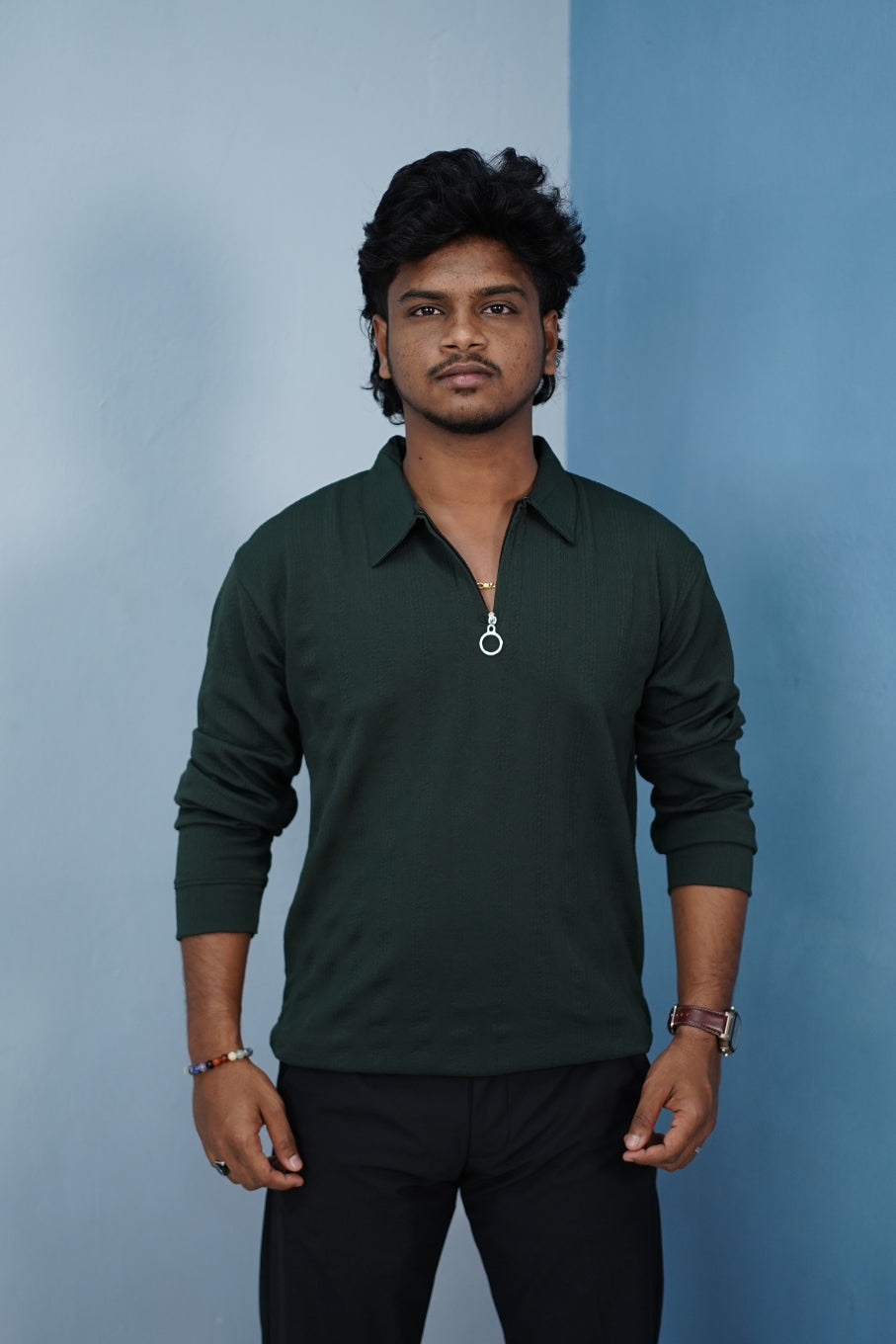 Korean Style Zipper Full Sleeve Men’s T-Shirt – Trendy Streetwear-Green