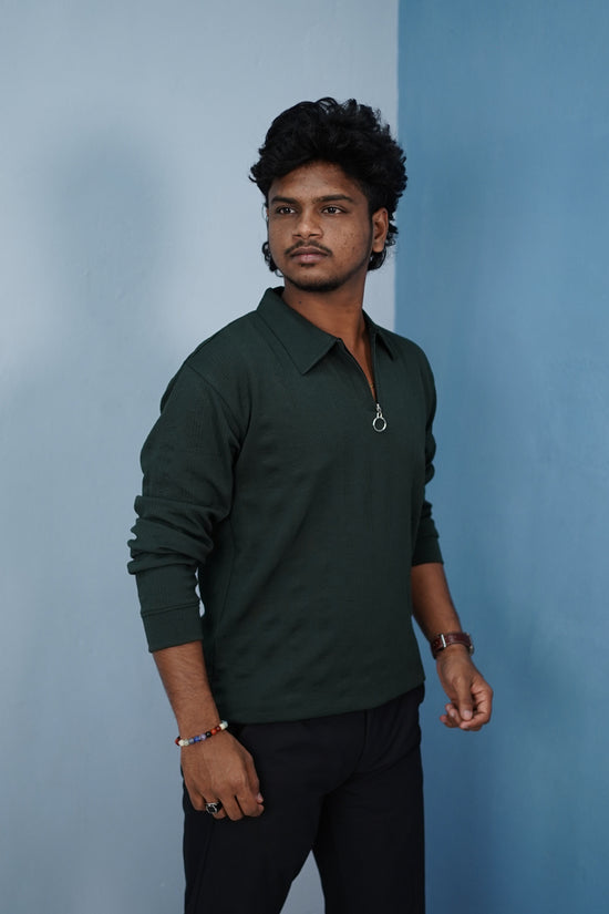 Korean Style Zipper Full Sleeve Men’s T-Shirt – Trendy Streetwear-Green