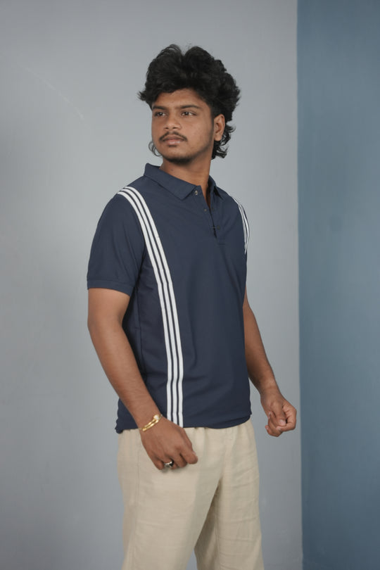 Collar Neck 3- Stripe Short Sleeve Polo T Shirt for Men - Navy Blue – alternate view – 7MAN India