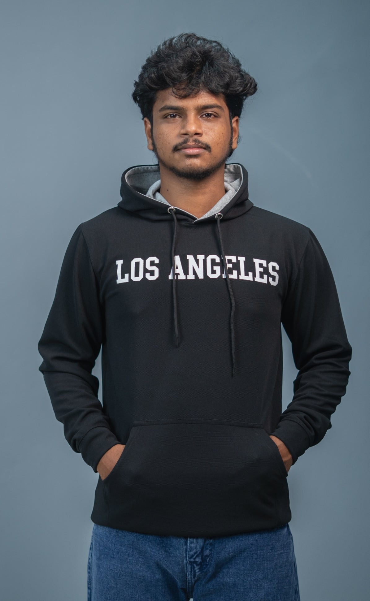 Full Sleeve Oversized LOS ANGLES Printed Hoodies & Sweatshirts - Black