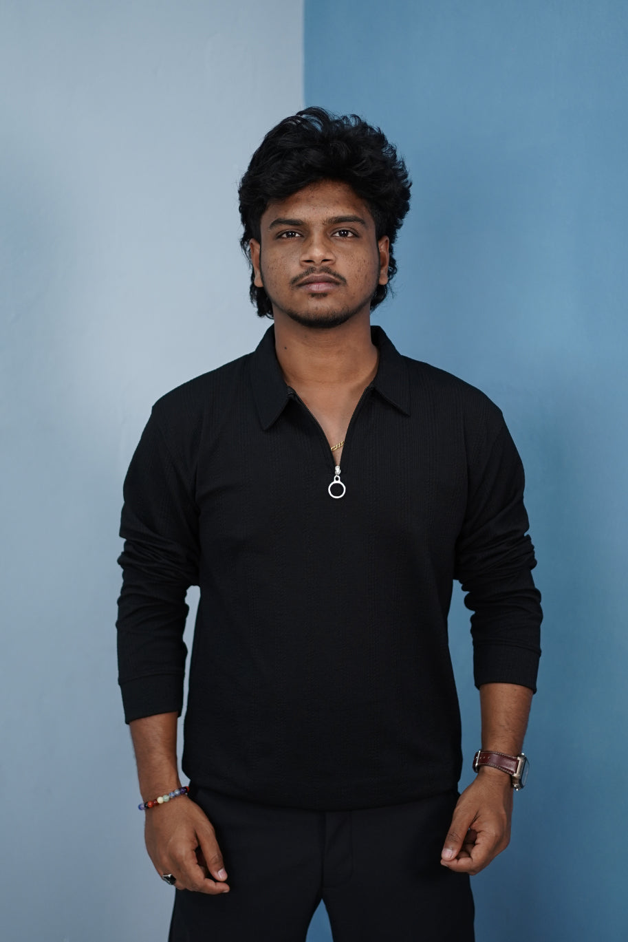 Korean Style Zipper Full Sleeve Men’s T-Shirt – Trendy Streetwear-Black