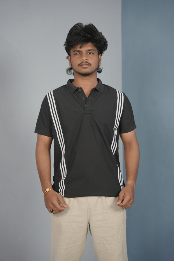Collar Neck 3- Stripe Short Sleeve Polo T Shirt for Men - Black