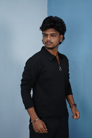 Korean Style Zipper Full Sleeve Men’s T-Shirt – Trendy Streetwear-Black