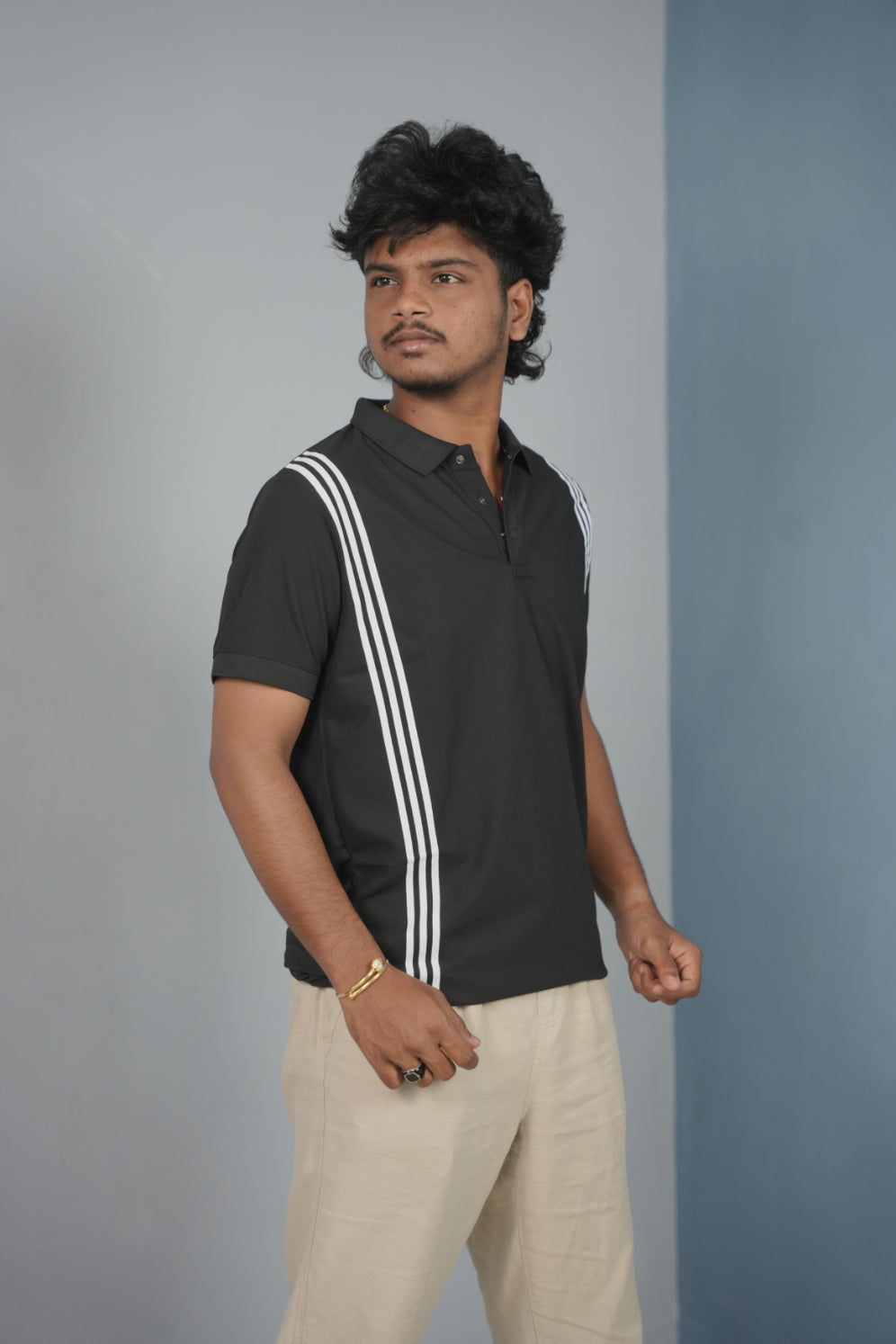 Collar Neck 3- Stripe Short Sleeve Polo T Shirt for Men - Black