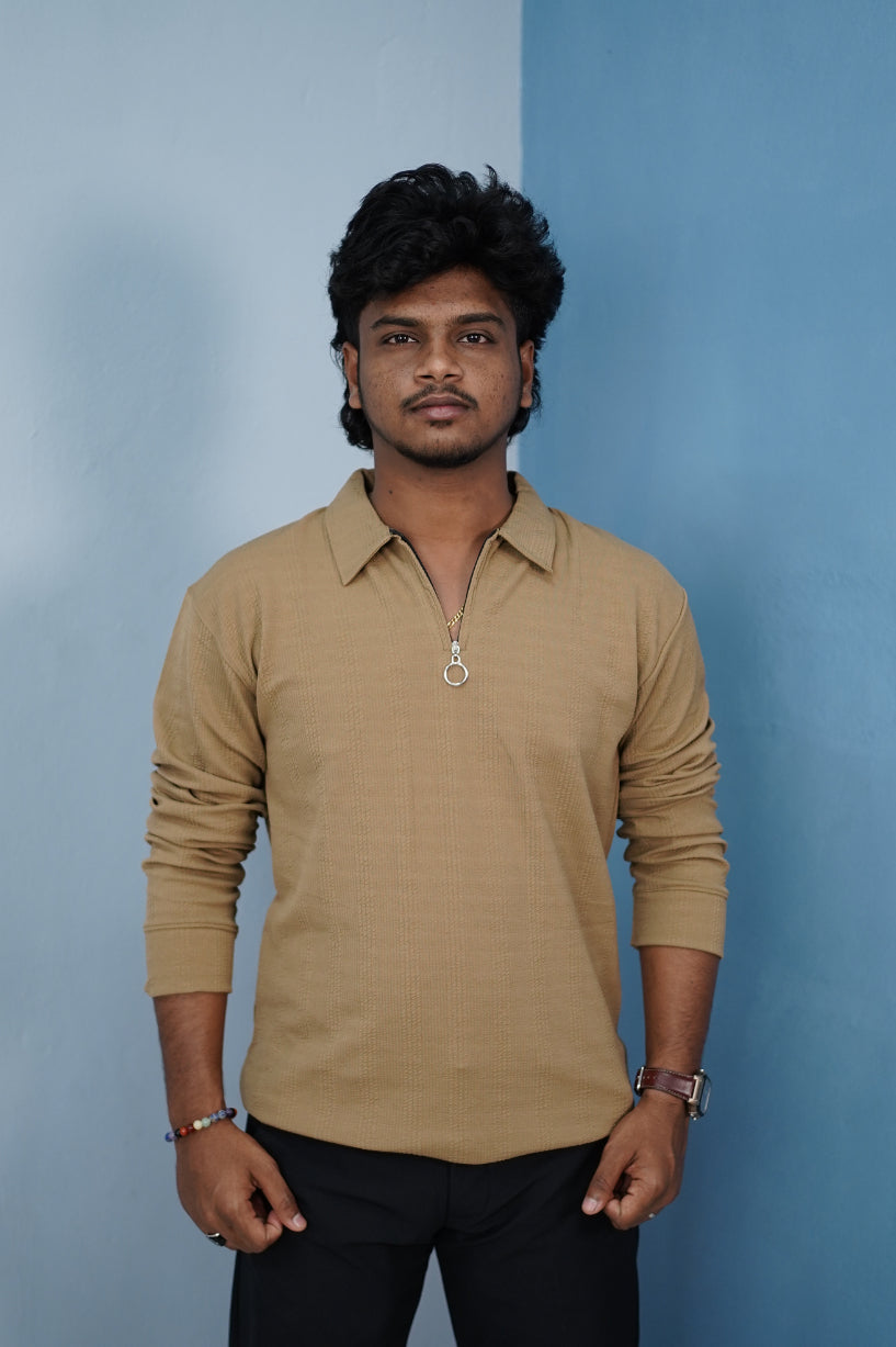 Korean Style Zipper Full Sleeve Men’s T-Shirt – Trendy Streetwear-Brown