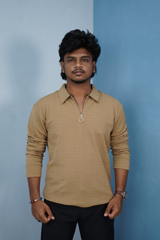 Korean Style Zipper Full Sleeve Men’s T-Shirt – Trendy Streetwear-Brown