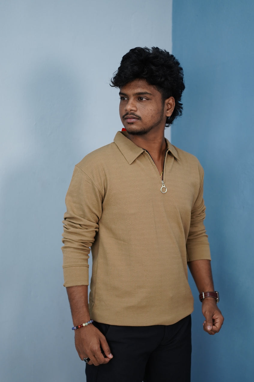 Korean Style Zipper Full Sleeve Men’s T-Shirt – Trendy Streetwear-Brown