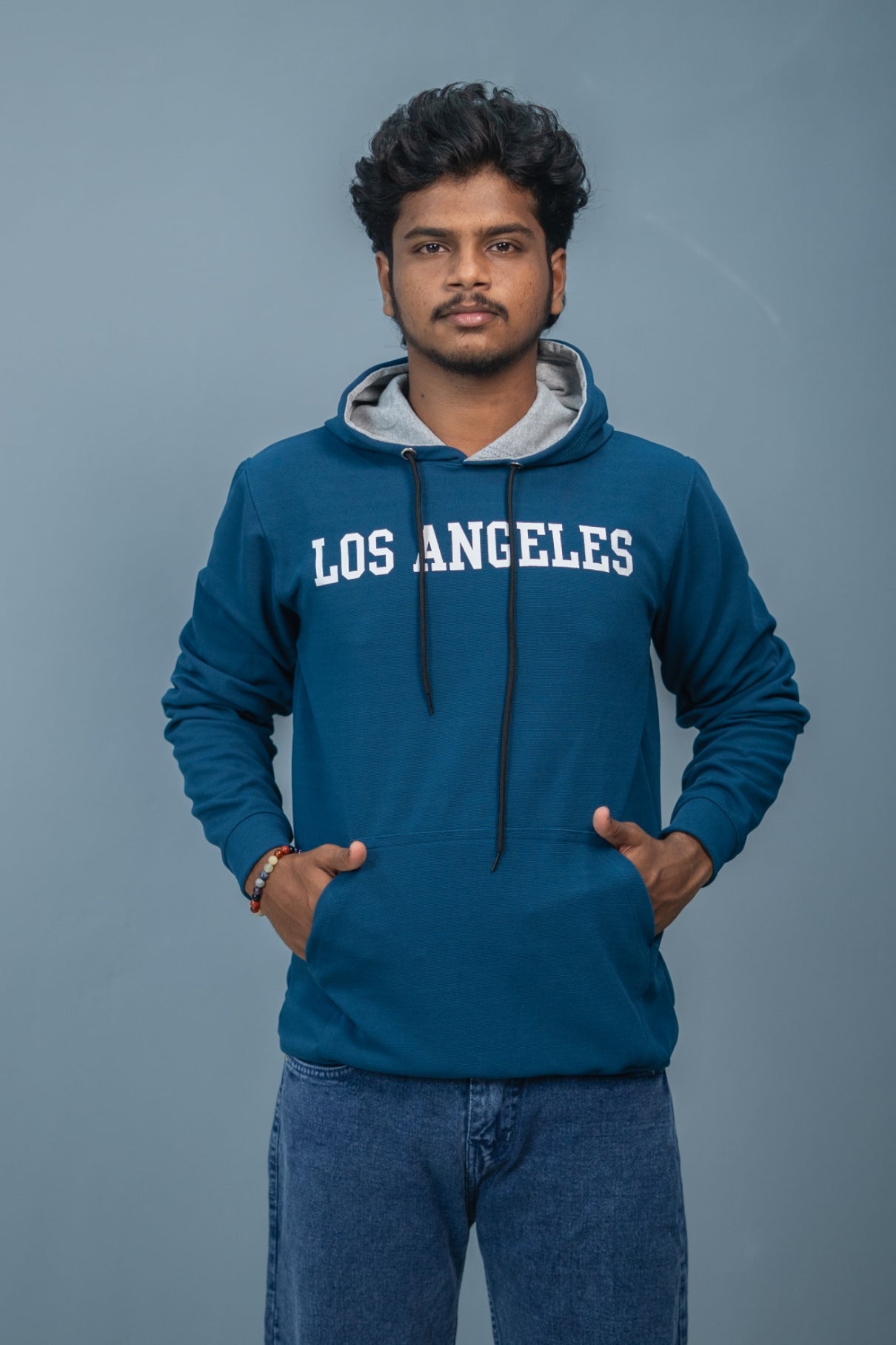 Full Sleeve Oversized LOS ANGLES Printed Hoodies & Sweatshirts - Blue
