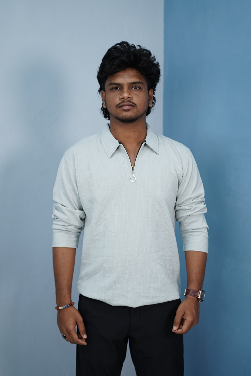 Korean Style Zipper Full Sleeve Men’s T-Shirt – Trendy Streetwear-Light Blue