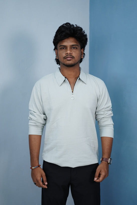 Korean Style Zipper Full Sleeve Men’s T-Shirt – Trendy Streetwear-Light Blue