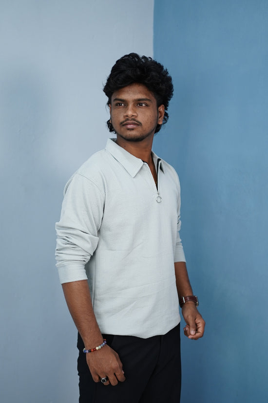 Korean Style Zipper Full Sleeve Men’s T-Shirt – Trendy Streetwear-Light Blue