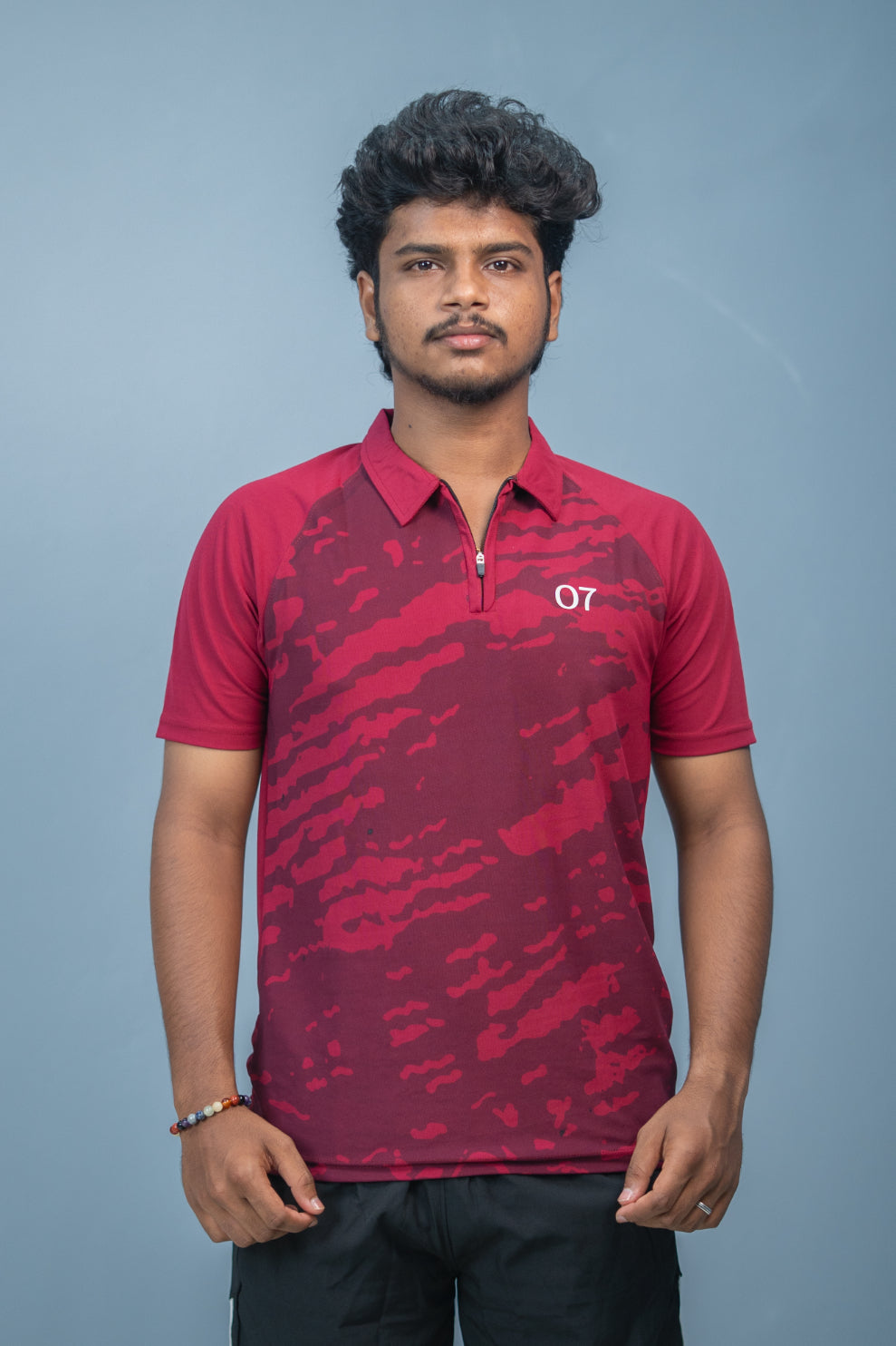 Mens Half Sleeve 07 Collar MILITARY Printed Round Neck Zipper T-Shirt - Maroon