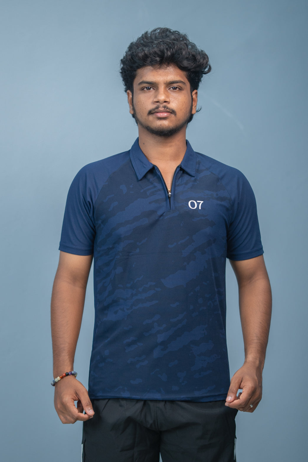 Mens Half Sleeve 07 Collar MILITARY Printed Round Neck Zipper T-Shirt - Navy Blue