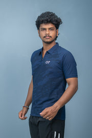 Mens Half Sleeve 07 Collar MILITARY Printed Round Neck Zipper T-Shirt - Navy Blue