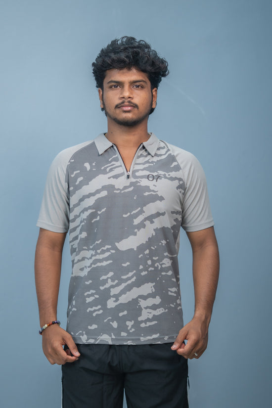 Mens Half Sleeve 07 Collar MILITARY Printed Round Neck Zipper T-Shirt - Ash