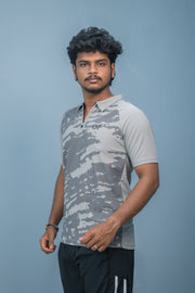 Mens Half Sleeve 07 Collar MILITARY Printed Round Neck Zipper T-Shirt - Ash