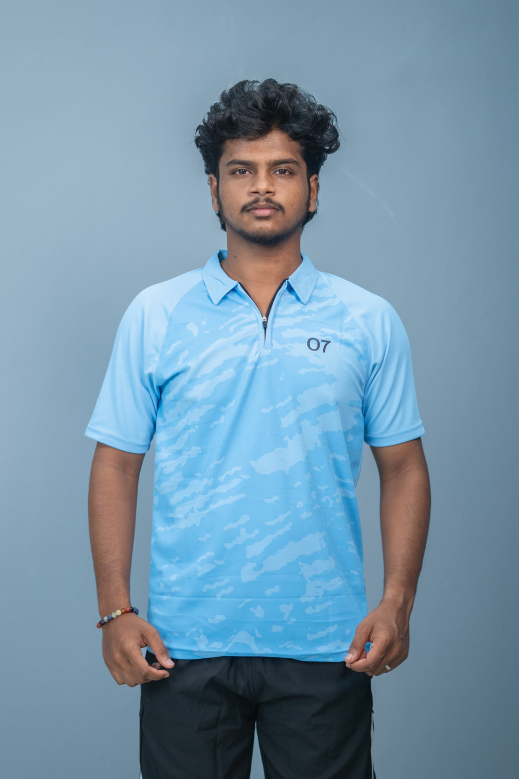 Mens Half Sleeve 07 Collar MILITARY Printed Round Neck Zipper T-Shirt - Sky Blue