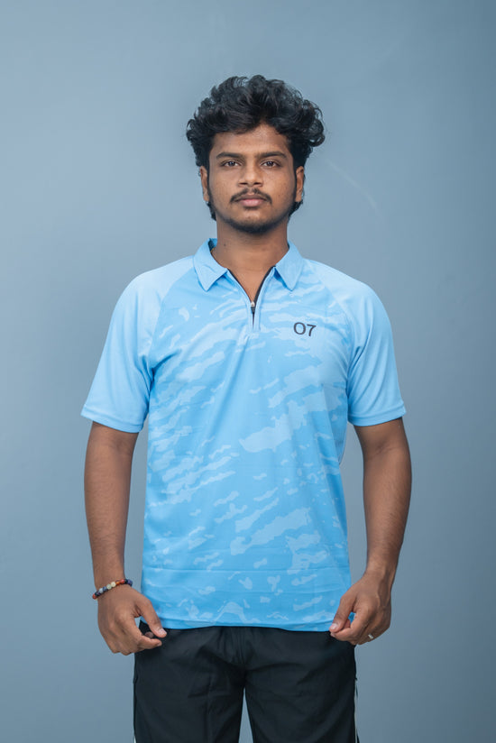 Mens Half Sleeve 07 Collar MILITARY Printed Round Neck Zipper T-Shirt - Sky Blue