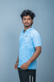 Mens Half Sleeve 07 Collar MILITARY Printed Round Neck Zipper T-Shirt - Sky Blue