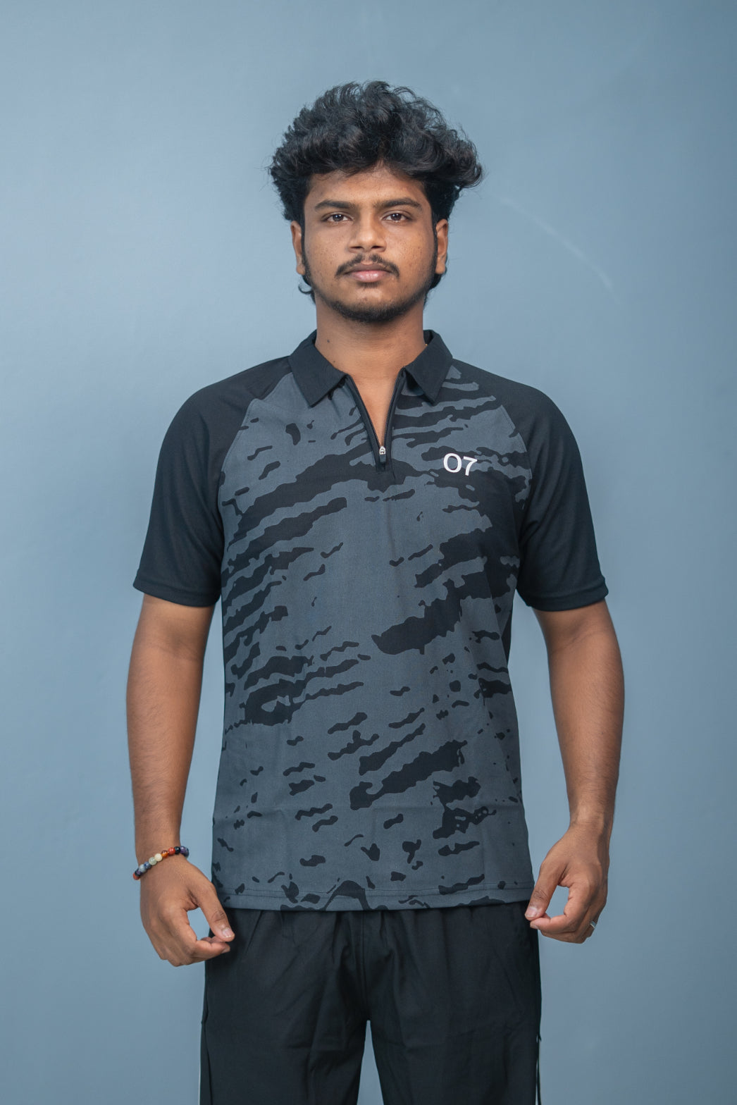 Mens Half Sleeve 07 Collar MILITARY Printed Round Neck Zipper T-Shirt - Black