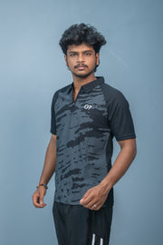 Mens Half Sleeve 07 Collar MILITARY Printed Round Neck Zipper T-Shirt - Black