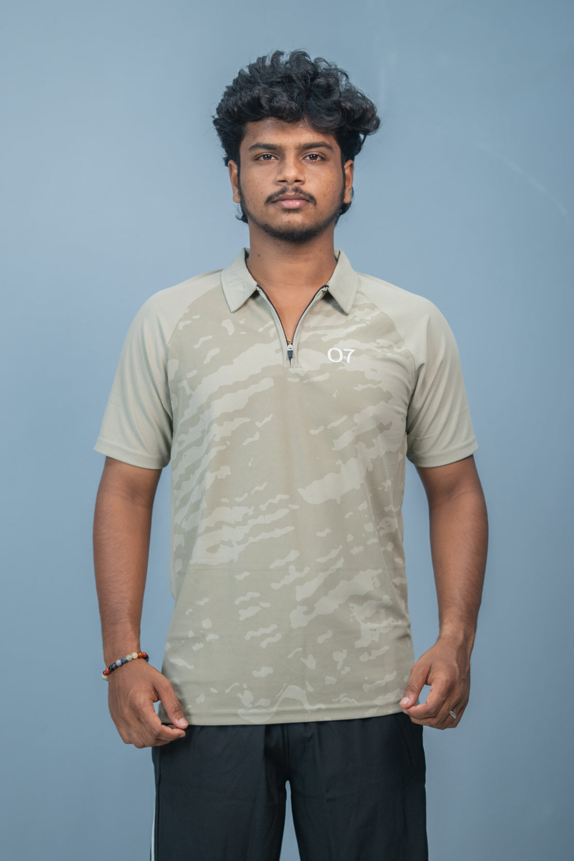 Mens Half Sleeve 07 Collar MILITARY Printed Round Neck Zipper T-Shirt - Sandle