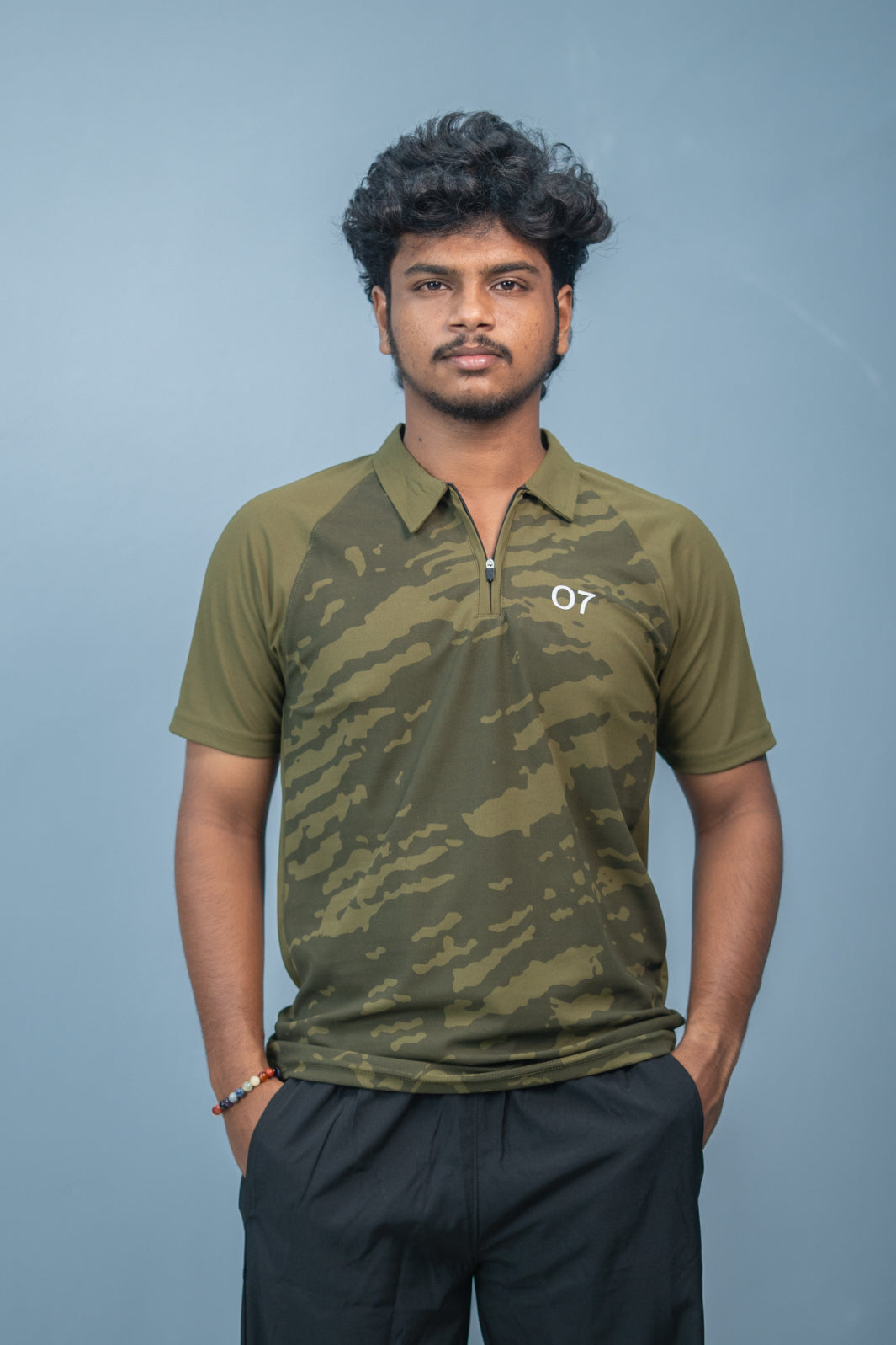 Mens Half Sleeve 07 Collar MILITARY Printed Round Neck Zipper T-Shirt - Mehandi green